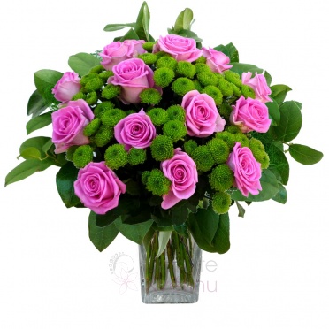 Kytice růží - mix (růžové, santini) + zeleň - Růže růžová, santini, zeleň