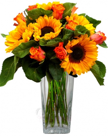 Mixed bouquet of orange roses and sunflowers - Orange roses, sunflowers