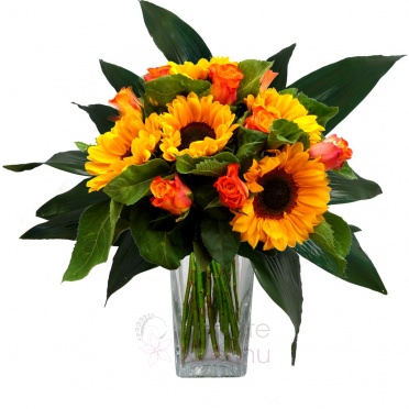 Mixed bouquet of orange roses, sunflowers and greenery - Orange roses, sunflowers, greenery