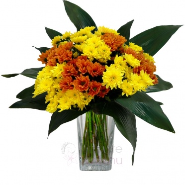 Bouquet of orange and yellow chrysanthemums + greenery - Orange, yellow chrysanthemums, greenery