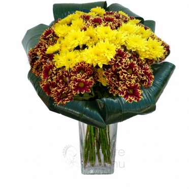 Bouquet of streaked and yellow chrysanthemums + greenery - Streaked, yellow chrysanthemums, greenery
