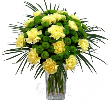 Mixed bouquet of yellow carnations, santinies, greenery - Yellow carantion, santini, greenery