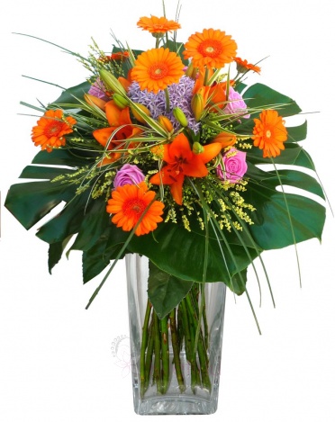 Mixed bouquet roses, lilies, gerberas, garlic and greenery - roses, lilies, gerberas, onion