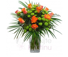 Mixed bouquet of orange roses, santini + greenery