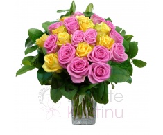 Bouquet of mixed pink and yellow roses + greenery