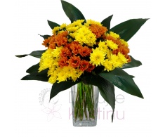 Bouquet of orange and yellow chrysanthemums + greenery