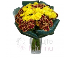 Bouquet of streaked and yellow chrysanthemums + greenery