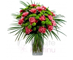 Mixed bouquet of red carnations, santinies, greenery