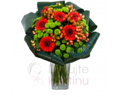 Mixed bouquet of red carnations, santinies, greenery