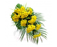 funeral spray - yellow chrysanthemum (bunch), greenery