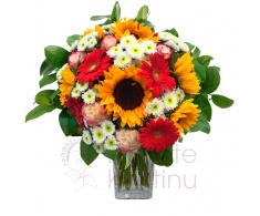 Bouquet of sunflowers, roses, gerberas, santini, greenery