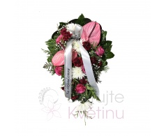Smuteční vypichovaná kytice - anturie, chryzantema jednokvět,karafiát,růže, gypsofila, zeleň, stuha, držák